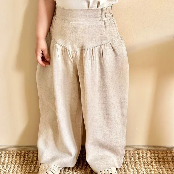Korsajlı Büzgülü Keten Pantolon Naturel
