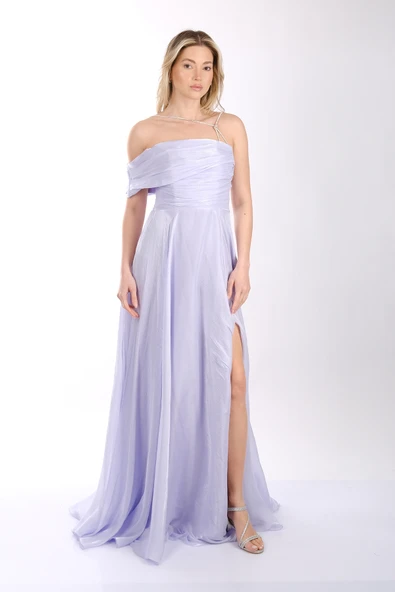 Tek Omuzlu Drape Önden Yırtmaçlı Abiye Elbise Dori 00KB7043 - 3