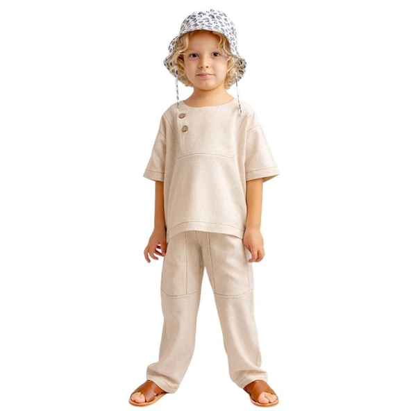 Kontrast Dikişli Keten Unisex Bluz  Bluz-Naturel - Resim 2