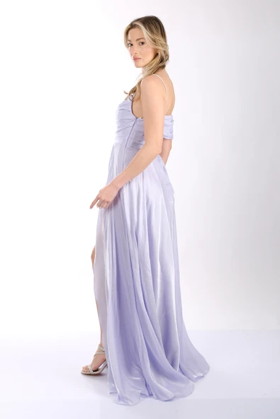 Tek Omuzlu Drape Önden Yırtmaçlı Abiye Elbise Dori 00KB7043 - 7