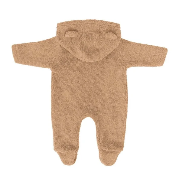 Ayı Kulaklı Kapüşonlu Peluş Tulum-Karamel - Resim 2