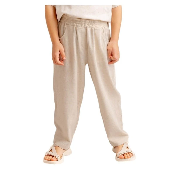 Unisex Klasik Keten Pantolon-Naturel - Resim 3