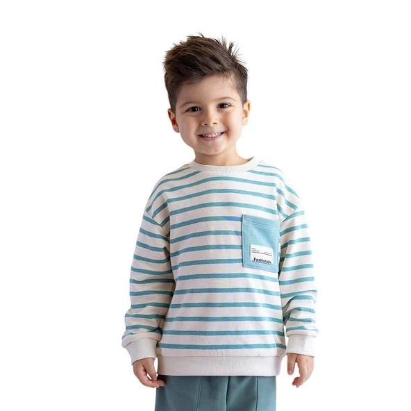 Erkek Çocuk Çizgili Cep Detaylı Sweatshirt - Mint