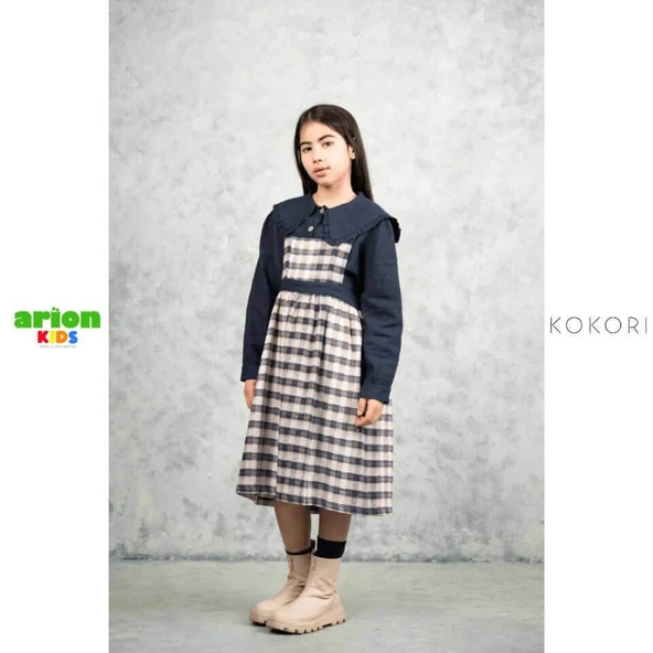 New Aria Lacivert Kareli Jile Elbise - Resim 2