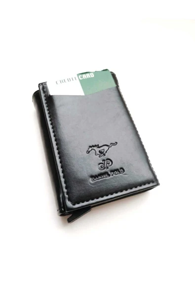DANİEL POLO Unisex Düz Desensiz Siyah Mekanizmalı Otomatik Kızaklı Kartlık Cüzdan