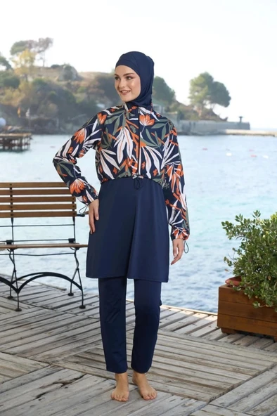 Estiva 25970 Croplu Bel Büzgülü Dijital Desen Tam Kapalı Tesettür Mayo - Resim 5