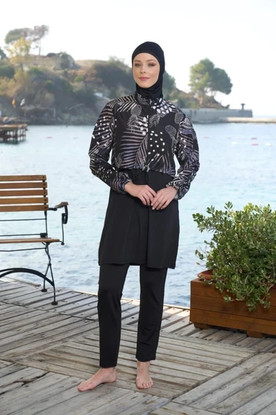 Estiva 25971 Croplu Bel Büzgülü Dijital Desen Tam Kapalı Tesettür Mayo - Resim 3