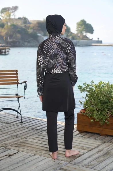 Estiva 25971 Croplu Bel Büzgülü Dijital Desen Tam Kapalı Tesettür Mayo - Resim 4