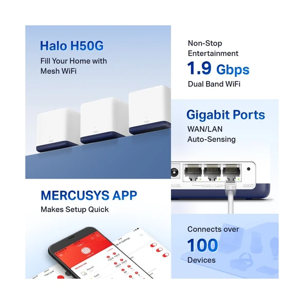Mercusys Halo H50G(3-pack), AC1900Mbps, Dual-Band, Gigabit Portları, 100'e Kadar Cihaz Bağlanabilir, 550 m²'ye Kadar Kapsama, Akıllı Bağlantı, Mobil Uygulama ile Kolay Kurulum, Wi-Fi 5 Mesh Sistemi - Resim 3