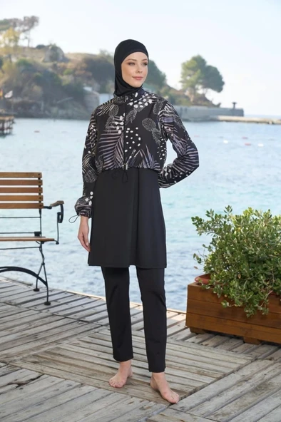 Estiva 25971 Croplu Bel Büzgülü Dijital Desen Tam Kapalı Tesettür Mayo - Resim 7
