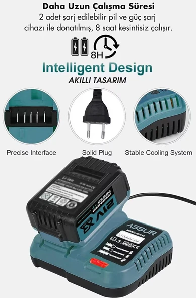 Assur 21V 2.0Ah Kömürsüz Darbeli 5'Li Set Şarjlı Hilti + Taşlama + Somun Sıkma + Akülü Vidalama + Budama Testeri - 2