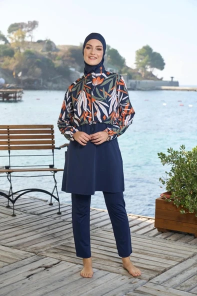 Estiva 25970 Croplu Bel Büzgülü Dijital Desen Tam Kapalı Tesettür Mayo - Resim 3