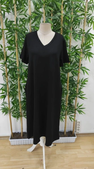 Lucky Life Kadın Kısa Kollu V Yakalı Cep Detaylı Uzun Viskon Iki Iplik Elbise - Resim 5