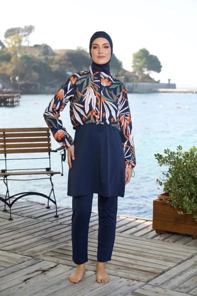 Estiva 25970 Croplu Bel Büzgülü Dijital Desen Tam Kapalı Tesettür Mayo - Resim 7