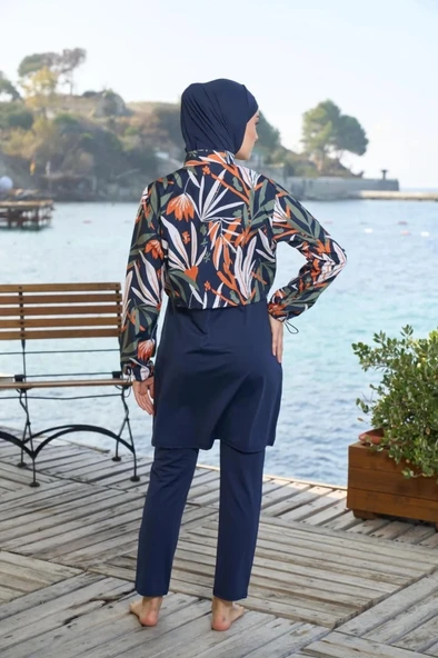 Estiva 25970 Croplu Bel Büzgülü Dijital Desen Tam Kapalı Tesettür Mayo - Resim 2