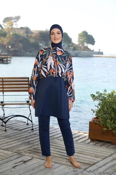 Estiva 25970 Croplu Bel Büzgülü Dijital Desen Tam Kapalı Tesettür Mayo - Resim 6