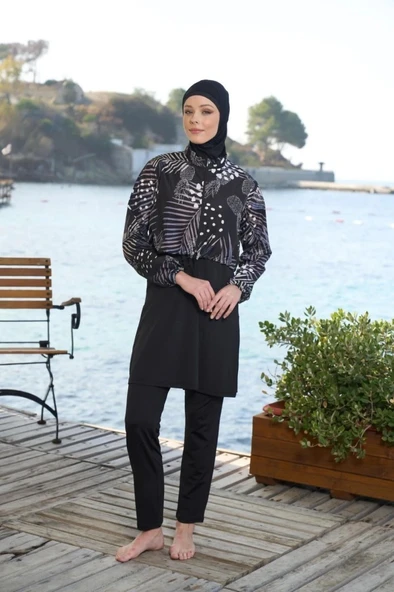 Estiva 25971 Croplu Bel Büzgülü Dijital Desen Tam Kapalı Tesettür Mayo - Resim 6