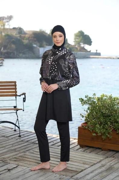 Estiva 25971 Croplu Bel Büzgülü Dijital Desen Tam Kapalı Tesettür Mayo - Resim 5