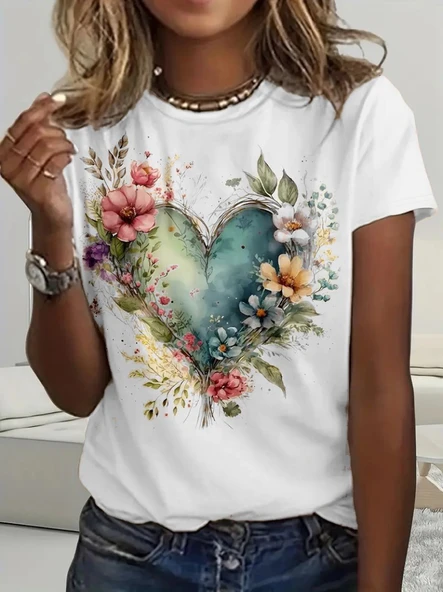 Lucky Life Kadın Kısa Kollu Bisiklet Yaka Kalp Desenli Süprem Bluz - Resim 3