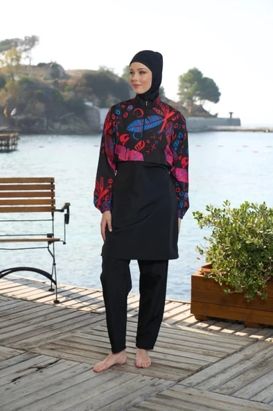 Estiva 25976 Croplu Bel Büzgülü Dijital Desen Tam Kapalı Tesettür Mayo - Resim 4