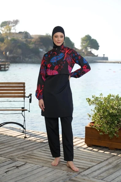Estiva 25976 Croplu Bel Büzgülü Dijital Desen Tam Kapalı Tesettür Mayo - Resim 5