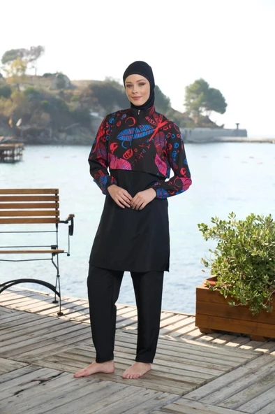 Estiva 25976 Croplu Bel Büzgülü Dijital Desen Tam Kapalı Tesettür Mayo - Resim 6