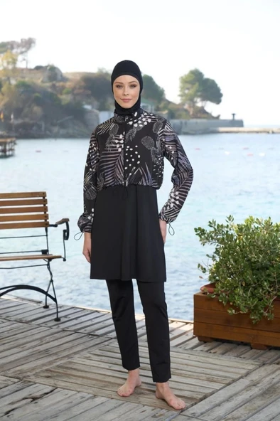 Estiva 25971 Croplu Bel Büzgülü Dijital Desen Tam Kapalı Tesettür Mayo - Resim 8