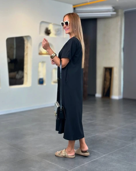 Lucky Life Kadın Kısa Kollu V Yakalı Cep Detaylı Uzun Viskon Iki Iplik Elbise - Resim 4