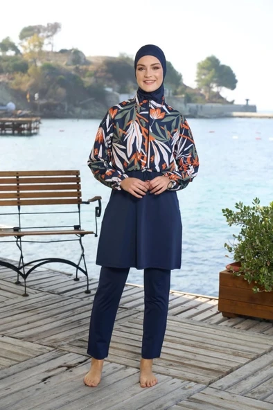 Estiva 25970 Croplu Bel Büzgülü Dijital Desen Tam Kapalı Tesettür Mayo - Resim 4