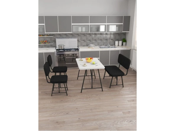 Hayat 70x110 Beyaz Mutfak Masası, Mutfak Masası Takımı, Yemek Masası, 2 Sandalye 1 Bench - Siyah - 3