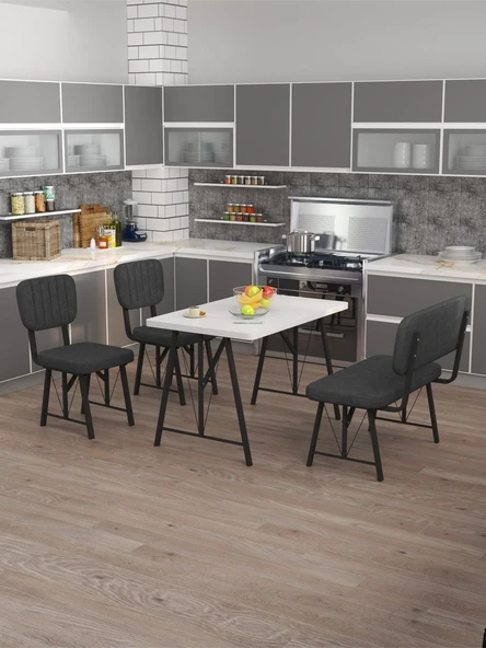 Hayat 70x110 Beyaz Mutfak Masası, Mutfak Masası Takımı, Yemek Masası, 2 Sandalye 1 Bench - Antrasit