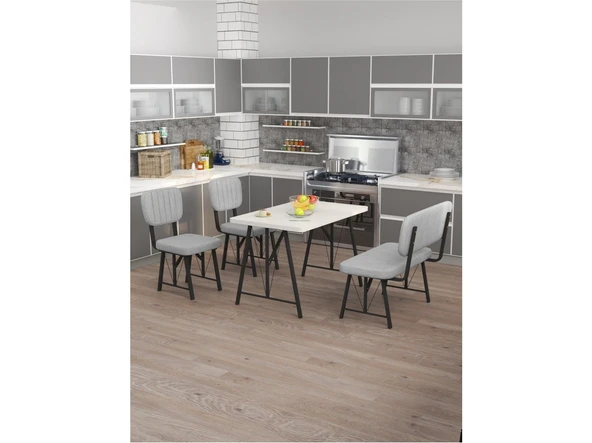 Hayat 70x110 Beyaz Mutfak Masası, Mutfak Masası Takımı, Yemek Masası, 2 Sandalye 1 Bench - Açık Gri