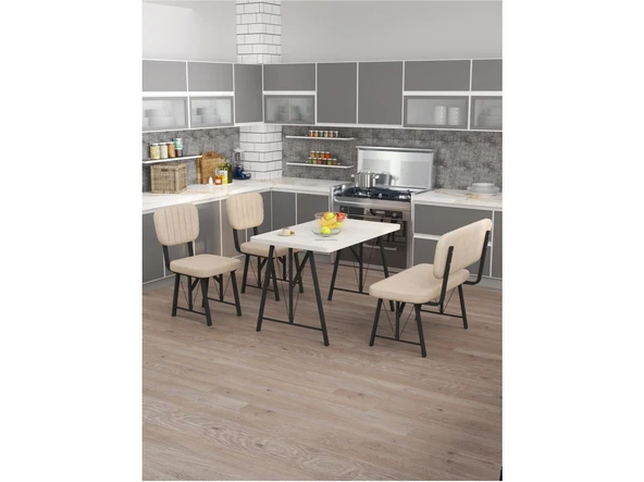 Hayat 70x110 Beyaz Mutfak Masası, Mutfak Masası Takımı, Yemek Masası, 2 Sandalye 1 Bench - Krem