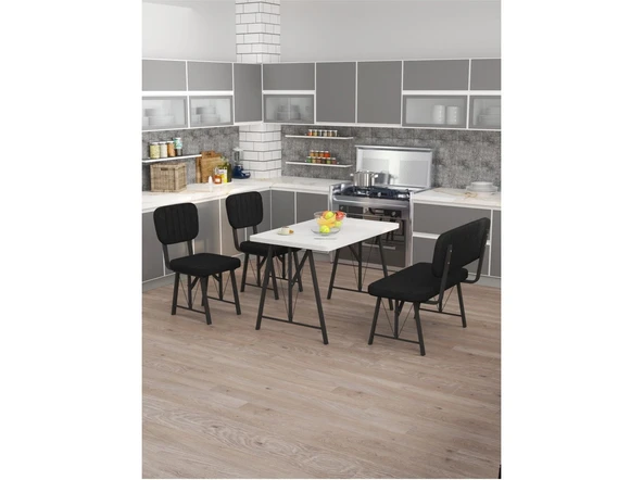 Hayat 70x110 Beyaz Mutfak Masası, Mutfak Masası Takımı, Yemek Masası, 2 Sandalye 1 Bench - Siyah - 1