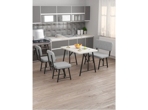 Hayat 70x110 Beyaz Mutfak Masası, Mutfak Masası Takımı, Yemek Masası, 2 Sandalye 1 Bench - Açık Gri - 2