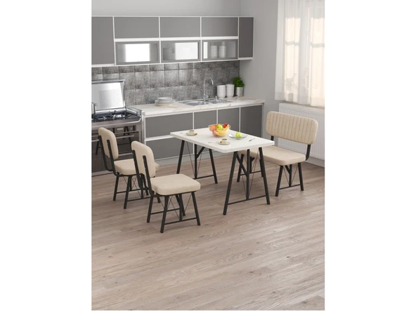 Hayat 70x110 Beyaz Mutfak Masası, Mutfak Masası Takımı, Yemek Masası, 2 Sandalye 1 Bench - Krem - 2