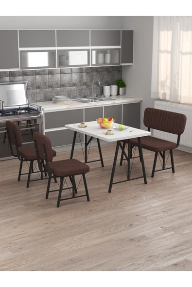 Hayat 70x110 Beyaz Mutfak Masası, Mutfak Masası Takımı, Yemek Masası, 2 Sandalye 1 Bench - Kahve - 2