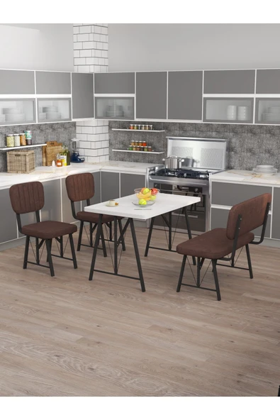 Hayat 70x110 Beyaz Mutfak Masası, Mutfak Masası Takımı, Yemek Masası, 2 Sandalye 1 Bench - Kahve