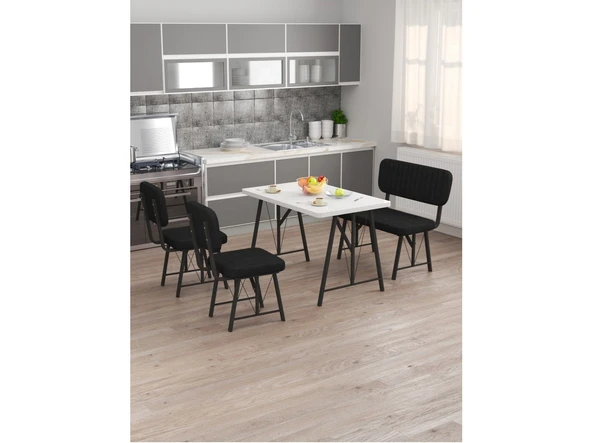 Hayat 70x110 Beyaz Mutfak Masası, Mutfak Masası Takımı, Yemek Masası, 2 Sandalye 1 Bench - Siyah - 2