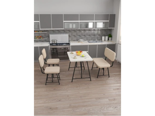 Hayat 70x110 Beyaz Mutfak Masası, Mutfak Masası Takımı, Yemek Masası, 2 Sandalye 1 Bench - Krem - 3