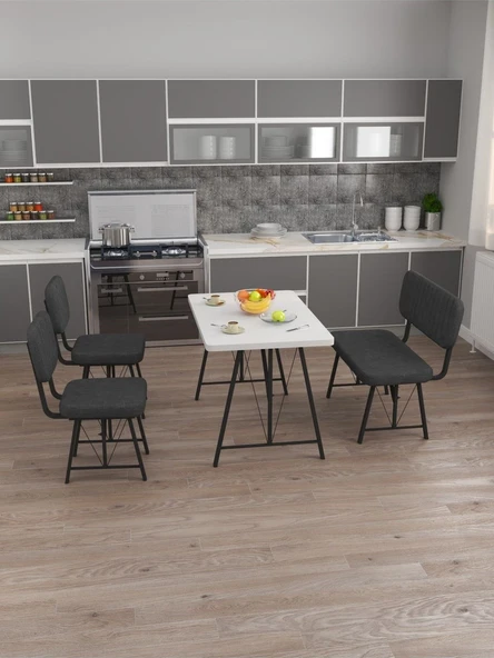 Hayat 70x110 Beyaz Mutfak Masası, Mutfak Masası Takımı, Yemek Masası, 2 Sandalye 1 Bench - Antrasit - 3