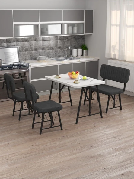Hayat 70x110 Beyaz Mutfak Masası, Mutfak Masası Takımı, Yemek Masası, 2 Sandalye 1 Bench - Antrasit - 2