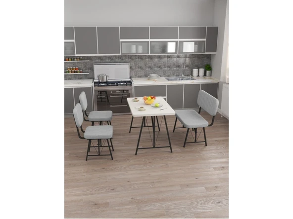 Hayat 70x110 Beyaz Mutfak Masası, Mutfak Masası Takımı, Yemek Masası, 2 Sandalye 1 Bench - Açık Gri - 3