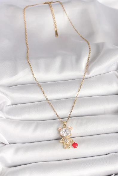 316L Çelik Gold Renk Zincir Zirkon Taşlı Ayıcık Model Kırmızı Kalp Detay Kadın Kolye - TJ-BKO9986 - 2