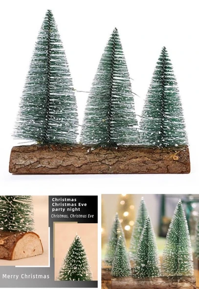 3 Lü Set Nevada Mini Çam Ağaçları Meşe Kütük Üzerinde Yılbaşı Hediyesi  16-12-10  cm - 3