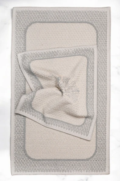 Naturel Pamuklu Kilim Yıkanabilir Banyo Paspası 2'li Klozet Takımı 60x100-50x60cm Çiçekli - 3