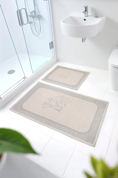 Naturel Pamuklu Kilim Yıkanabilir Banyo Paspası 2'li Klozet Takımı 60x100-50x60cm Çiçekli