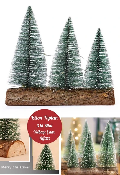 3 Lü Set Nevada Mini Çam Ağaçları Meşe Kütük Üzerinde Yılbaşı Hediyesi  16-12-10  cm