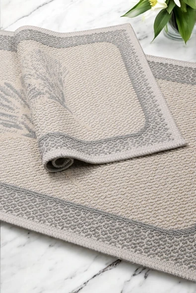 Naturel Pamuklu Kilim Yıkanabilir Banyo Paspası 2'li Klozet Takımı 60x100-50x60cm Çiçekli - 5