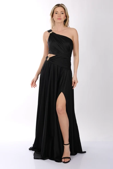 DORİDORCA Tek Omuzlu Tokalı Kiloş Saten Abiye Elbise - Resim 2